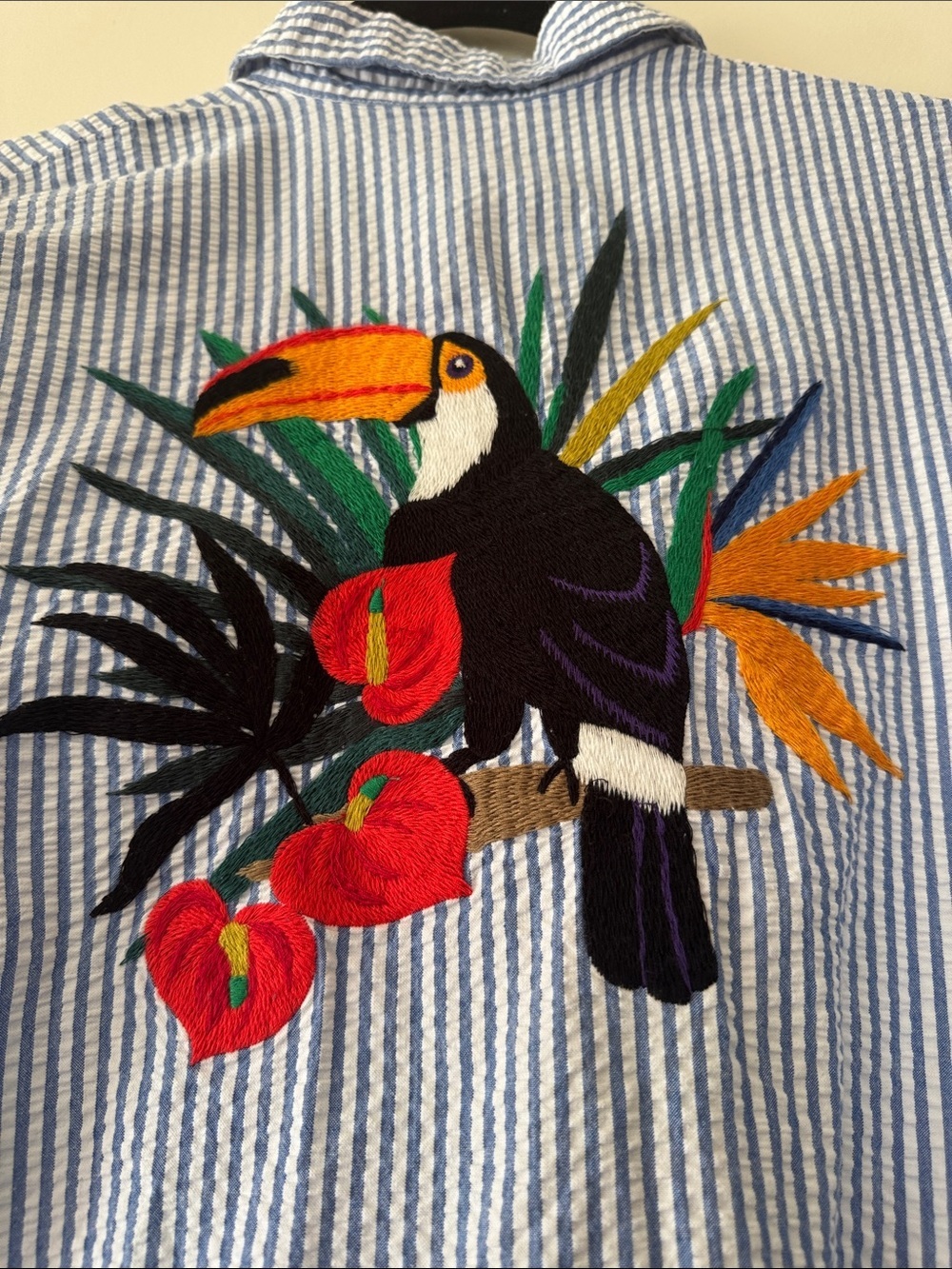 Zara Blue Striped Seer Sucker Romper with Toucan Embroidery - Picture 6 of 7